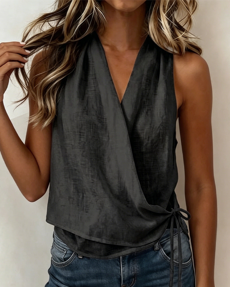 BLUSA LISA SIN MANGAS ESCOTE LAZO CUELLO