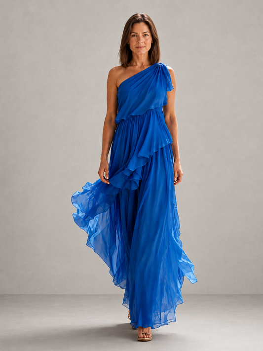 SCARLETT | VESTIDO LARGO DE UN HOMBRO CON VOLANTES