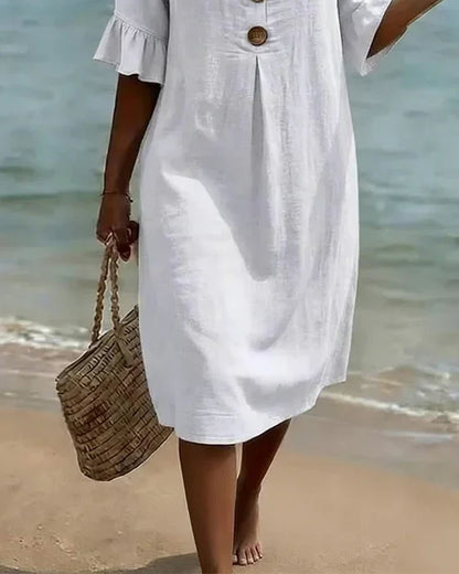 MONICA | VESTIDO ABOTONADO EFECTO LINO CON MANGAS ABULLONADAS