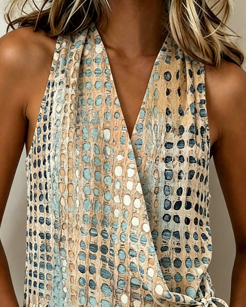 BLUSA CUELLO DE V CRUZADO HALTER LUNARES SIN MANGAS