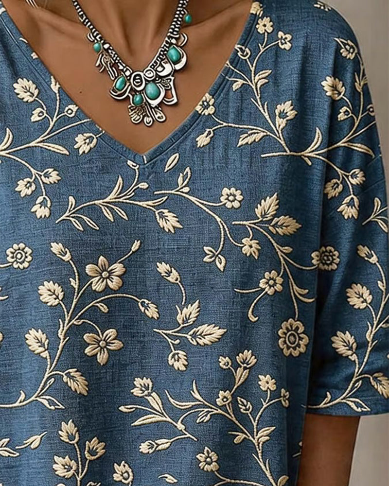 BLUSA CUELLO DE V MEDIO-MANGA FLORAL