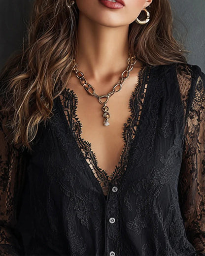 BLUSA CON MANGA LARGA DE ENCAJE CON CUELLO DE V