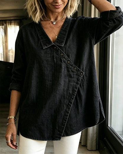 BLUSA LISA BOTÓN DIAGONAL CUELLO MANGA LARGA