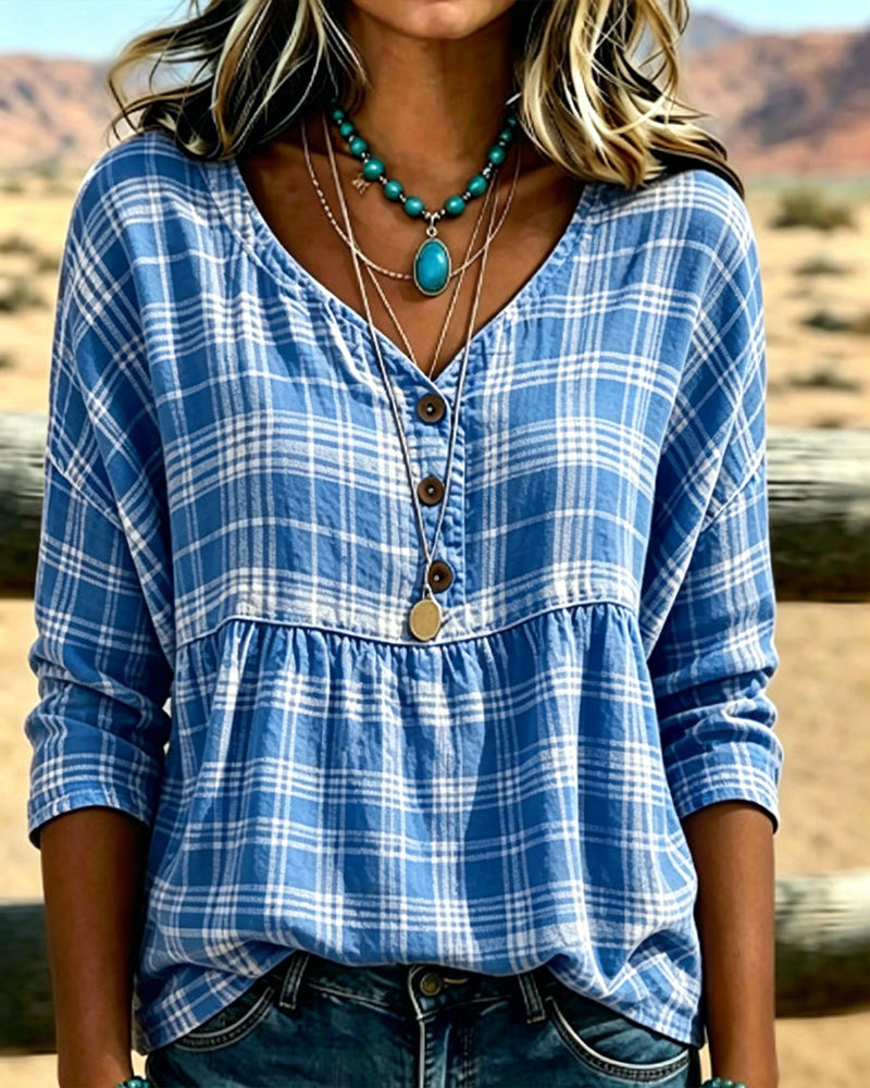 BLUSA VINTAGE CUADROS CUELLO DE V