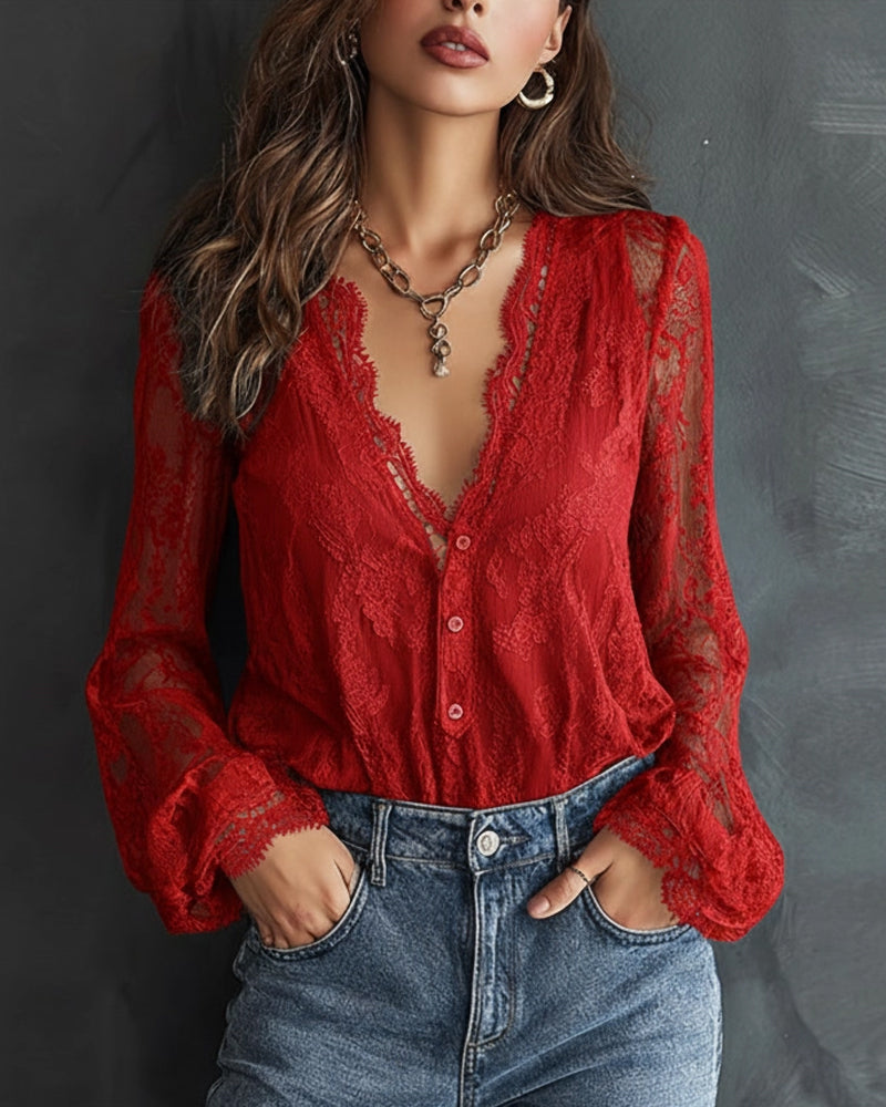 BLUSA CON MANGA LARGA DE ENCAJE CON CUELLO DE V