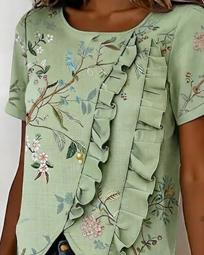 BLUSA CUELLO REDONDO MANGA CORTA CON VOLANTES FLORAL