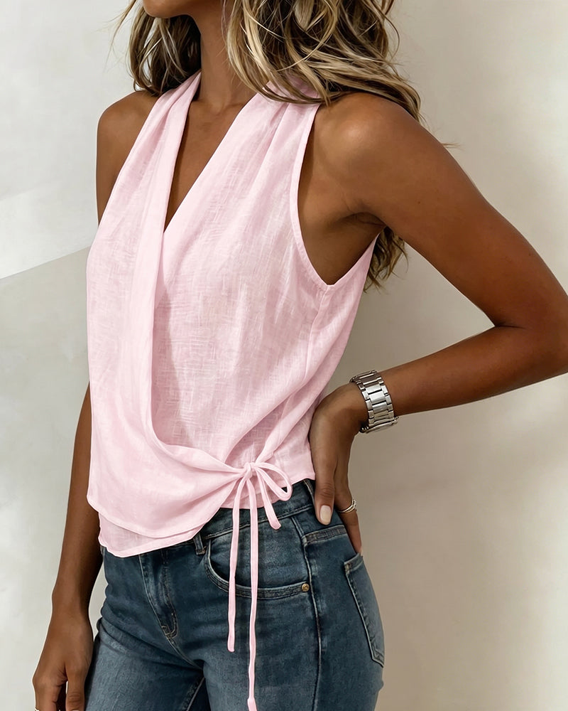 BLUSA LISA SIN MANGAS ESCOTE LAZO CUELLO