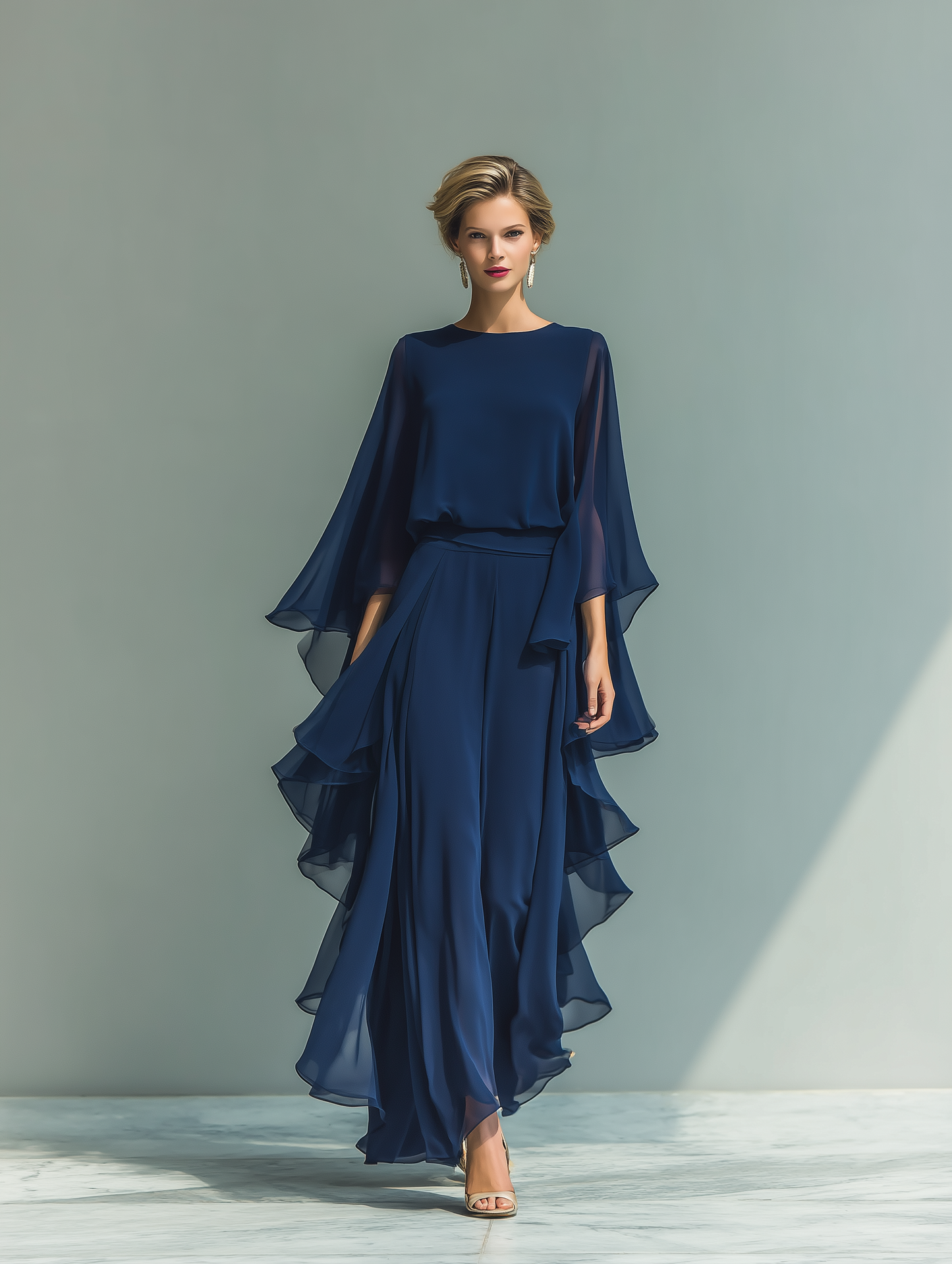 CLARISSE | CONJUNTO DE GASA AZUL MARINO CON MANGAS ACAMPANADAS Y PANTALÓN CON VOLANTES