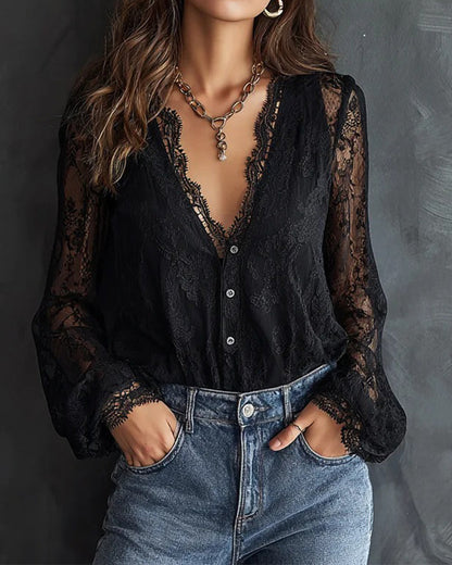 BLUSA CON MANGA LARGA DE ENCAJE CON CUELLO DE V