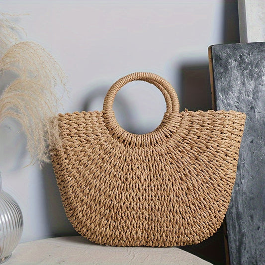 SERENELLA | BOLSO MEDIA LUNA DE PAJA TRENZADA - COÑAC