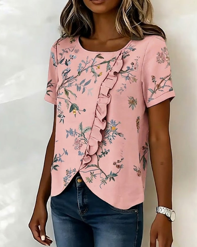 BLUSA CUELLO REDONDO MANGA CORTA CON VOLANTES FLORAL