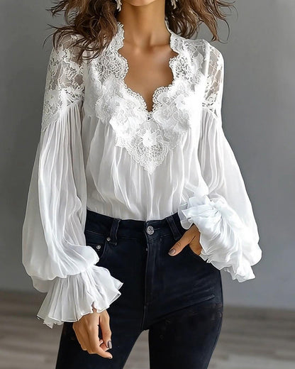 BLUSA ENCAJE PATCHWORK CUELLO DE V