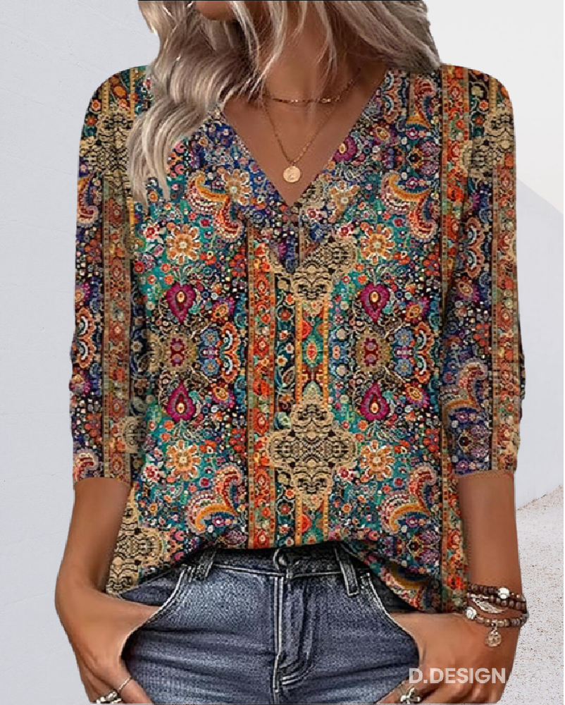 BLUSA RETRO ESTAMPADO ESCOTE DE V