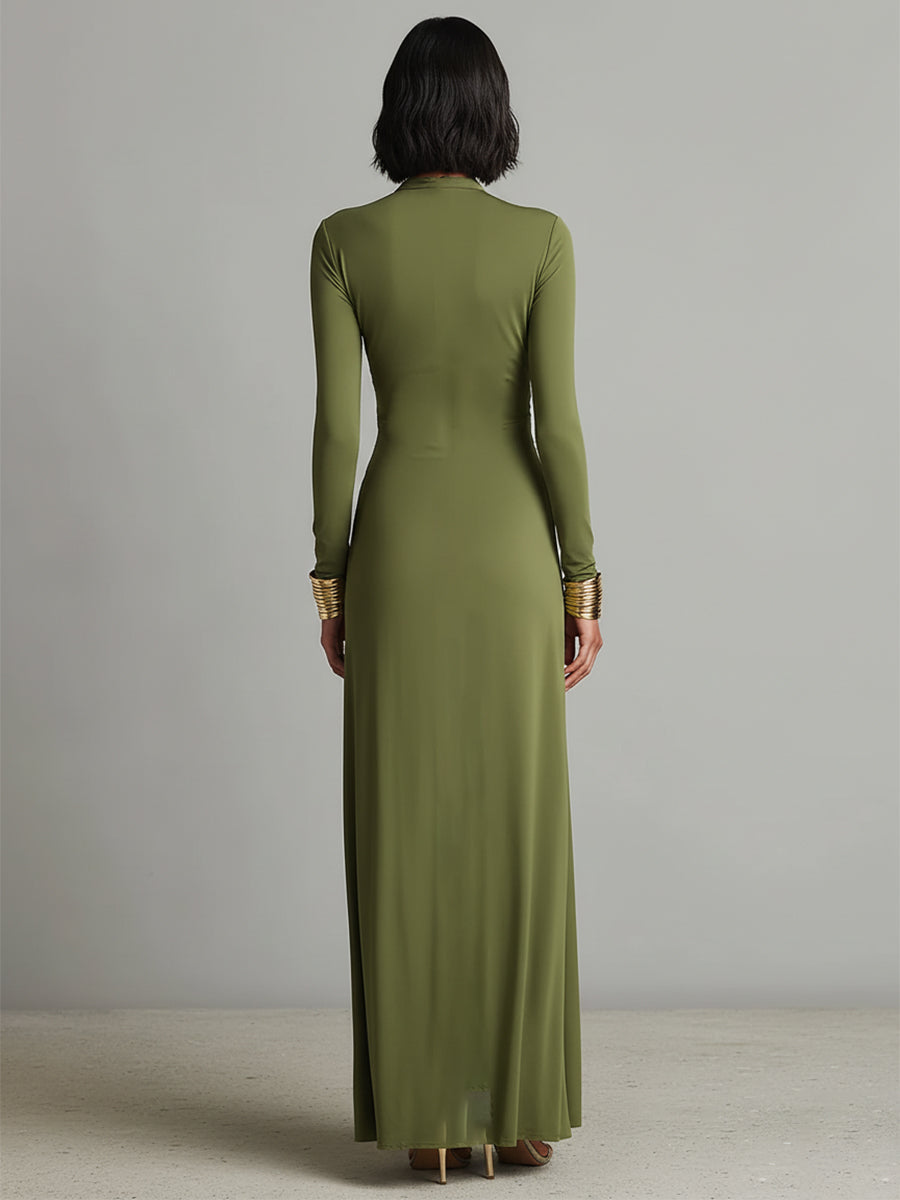 SOLÈNE | VESTIDO LARGO DE SEDA VERDE OLIVA CON ESCOTE EN V PROFUNDO
