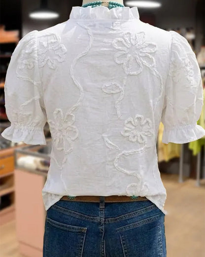BLUSA CUELLO DE V BORDE CON VOLANTES MANGA ABULLONADA
