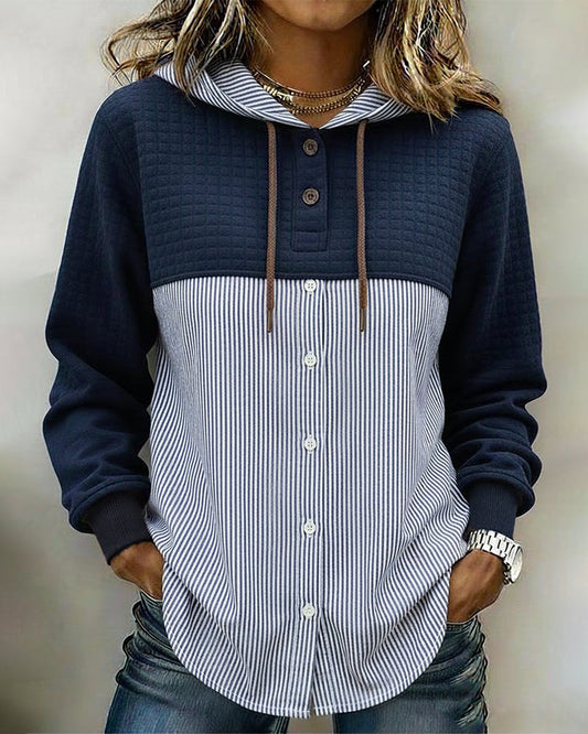 CAMISA ABOTONADA CON CAPUCHA RAYAS VERTICALES PATCHWORK
