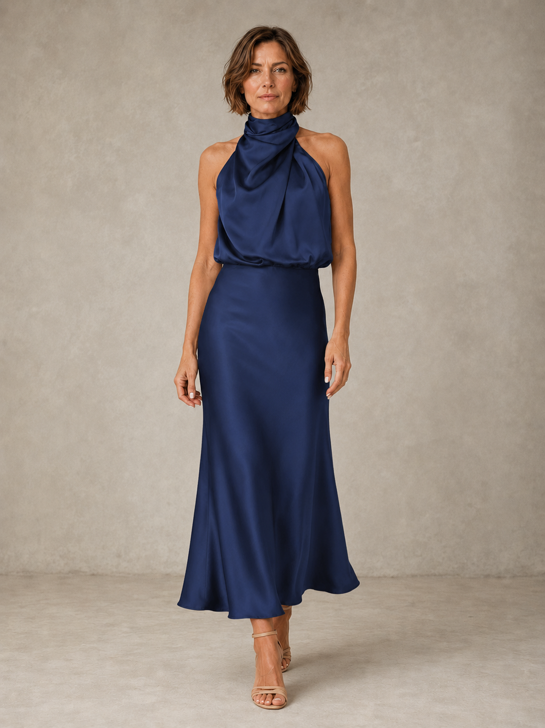 HARPER | VESTIDO DE NOCHE DE SATÉN CON CUELLO HALTER