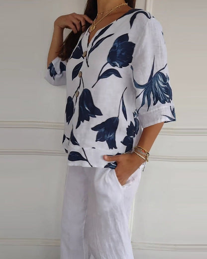 TOP ABOTONADO DE ALGODÓN Y LINO ESTAMPADO FLORAL