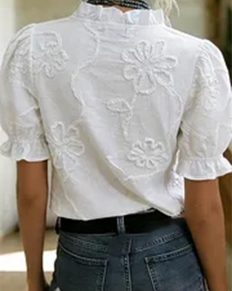 BLUSA CUELLO DE V BORDE CON VOLANTES MANGA ABULLONADA