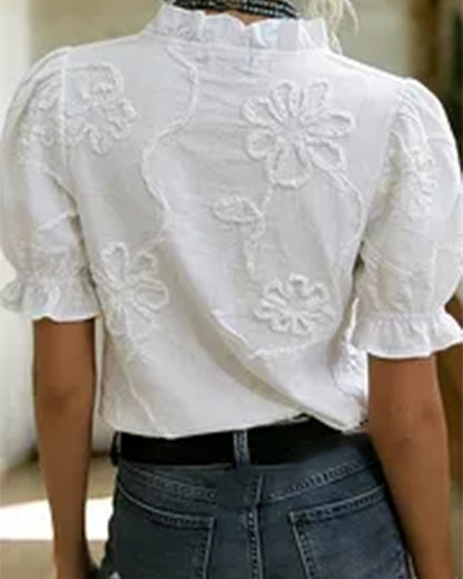 BLUSA CUELLO DE V BORDE CON VOLANTES MANGA ABULLONADA