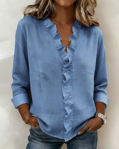 BLUSA FRUNCIDO CUELLO DE V MANGA LARGA