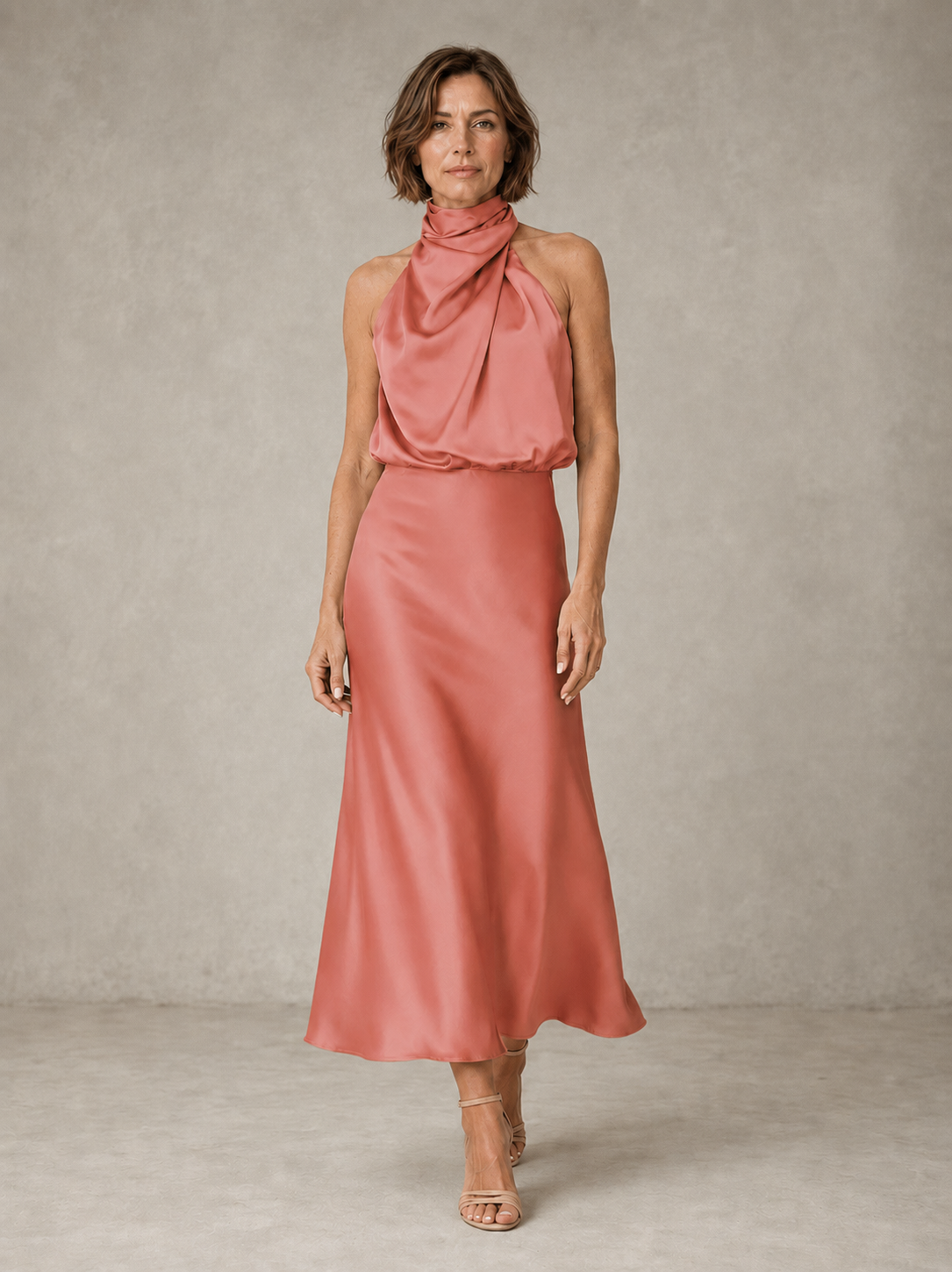 HARPER | VESTIDO DE NOCHE DE SATÉN CON CUELLO HALTER