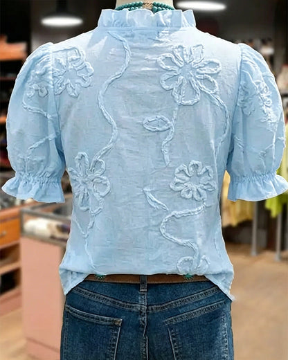 BLUSA CUELLO DE V BORDE CON VOLANTES MANGA ABULLONADA