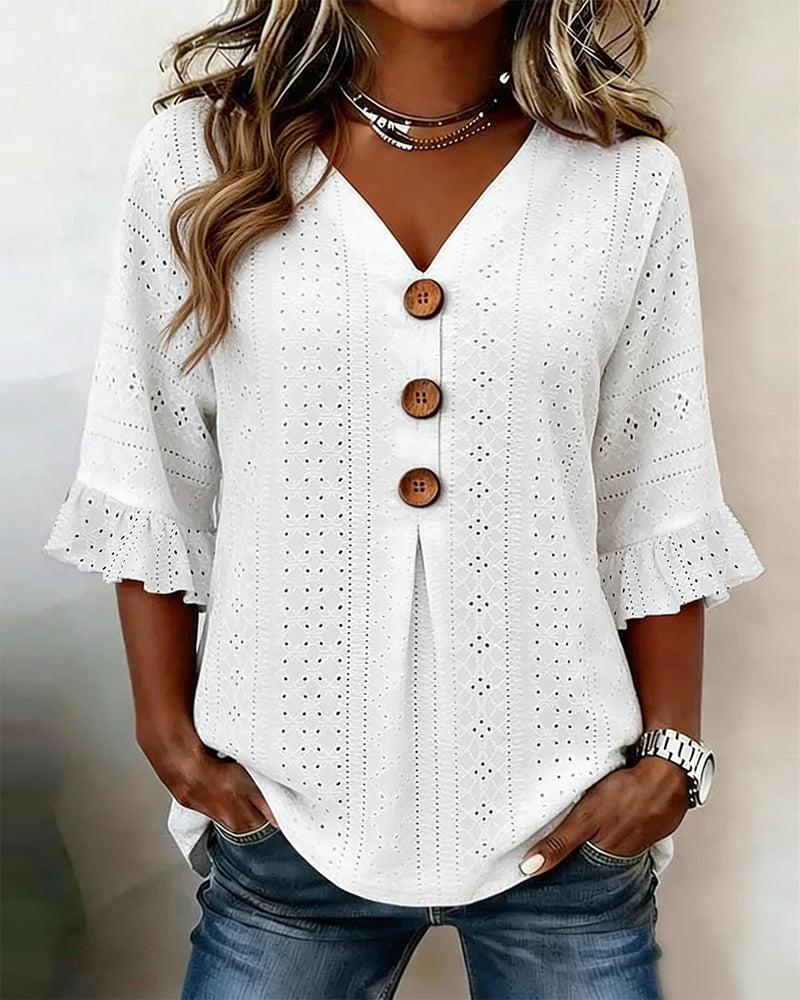 BLUSA CON VOLANTES MANGA ACAMPANADA CALADO ENCAJE