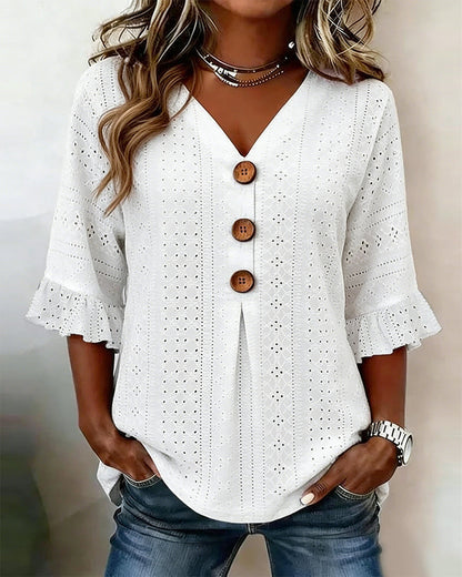 BLUSA CON VOLANTES MANGA ACAMPANADA CALADO ENCAJE