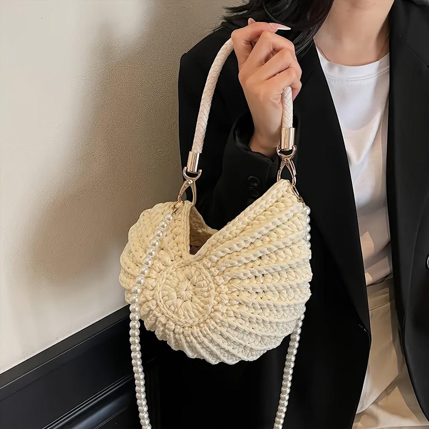 TAMARA | BOLSO GRANDE TRENZADO CON CORREA DE CADENA - BLANCO CREMA