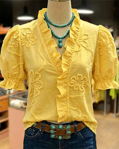 BLUSA CUELLO DE V BORDE CON VOLANTES MANGA ABULLONADA