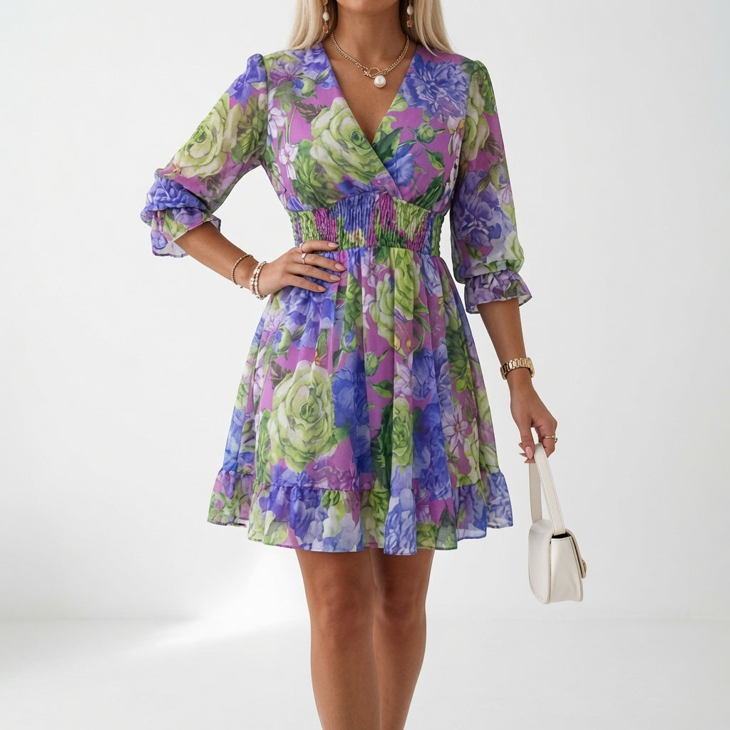 ELENA | VESTIDO CORTO FLORAL CON CINTURA FRUNCIDA