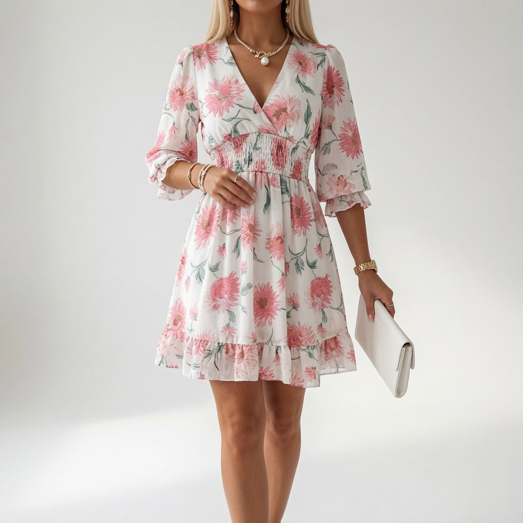 ELENA | VESTIDO CORTO FLORAL CON CINTURA FRUNCIDA