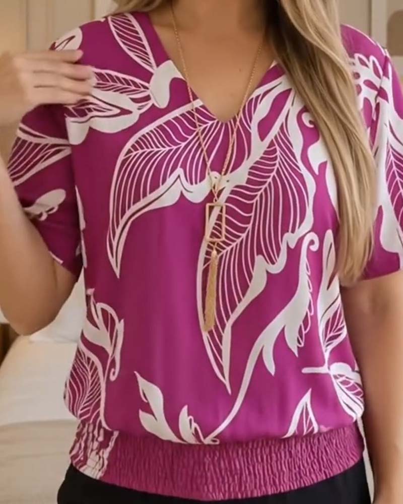 BLUSA ESTAMPADO FLORAL BAJO ELÁSTICO MANGA CORTA