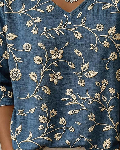BLUSA CUELLO DE V MEDIO-MANGA FLORAL