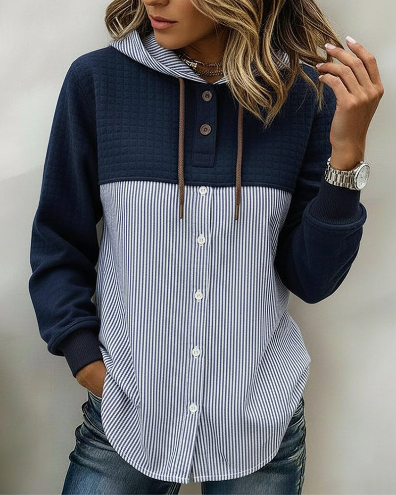 CAMISA ABOTONADA CON CAPUCHA RAYAS VERTICALES PATCHWORK