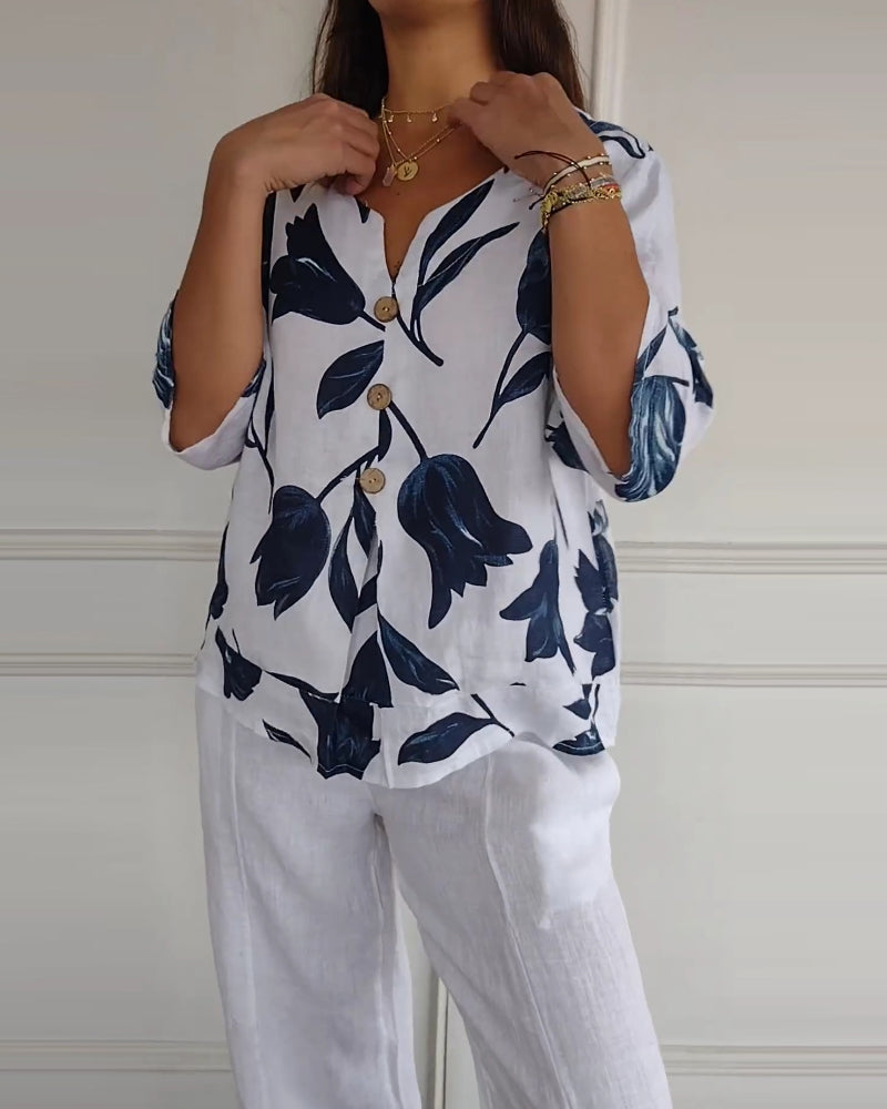 TOP ABOTONADO DE ALGODÓN Y LINO ESTAMPADO FLORAL