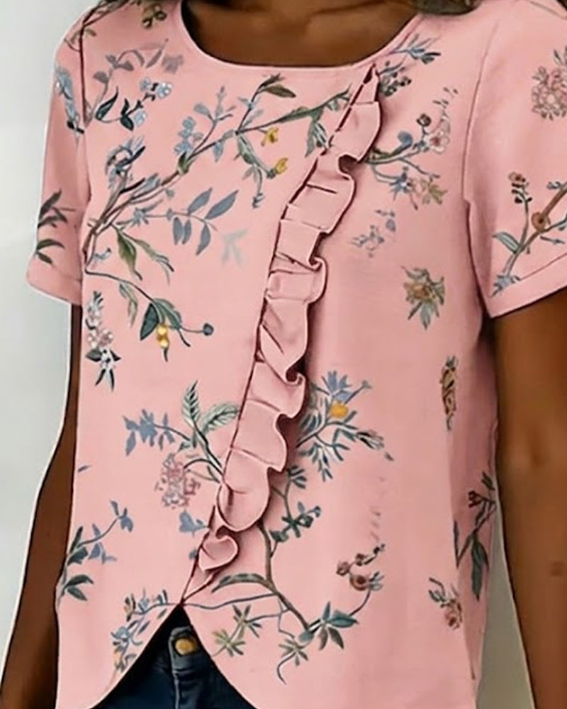 BLUSA CUELLO REDONDO MANGA CORTA CON VOLANTES FLORAL