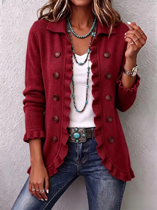 ROSALÍA | CHAQUETA DE PUNTO ROJO RUBÍ CON VOLANTES