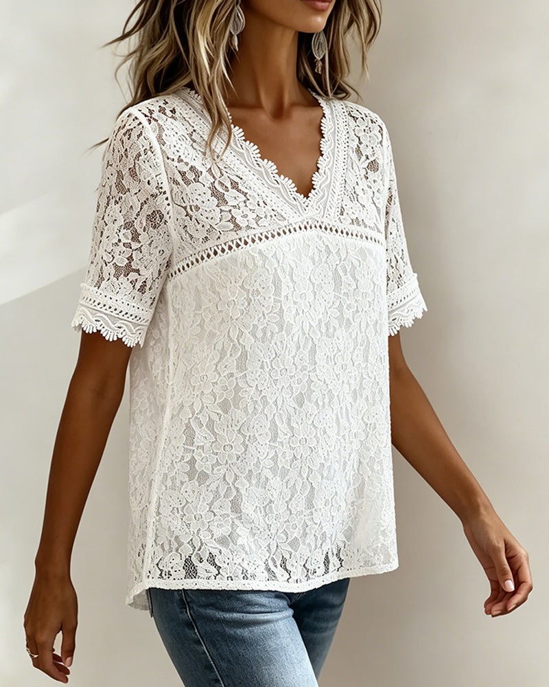 BLUSA LISO MANGA CORTA DE ENCAJE