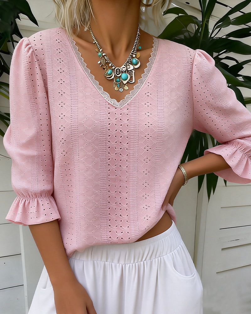 CAMISETA ELEGANTE CUELLO DE V ENCAJE CALADO