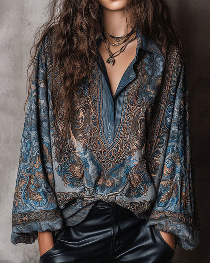 BLUSA RETRO ESTAMPADO CUELLO DE V SOLAPA SOFISTICADO
