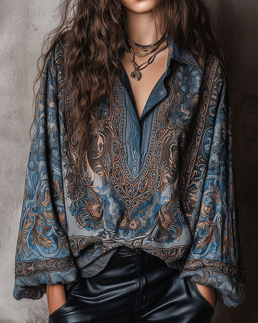 BLUSA RETRO ESTAMPADO CUELLO DE V SOLAPA SOFISTICADO