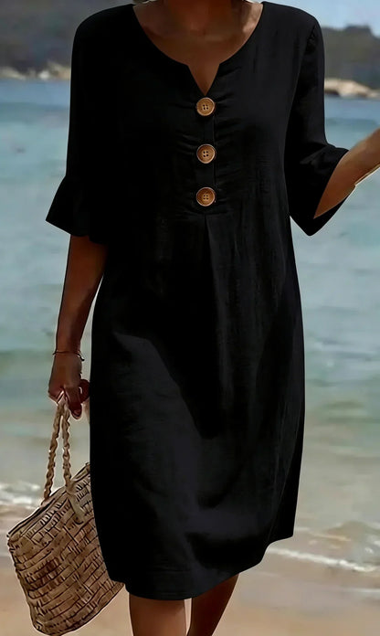 MONICA | VESTIDO ABOTONADO EFECTO LINO CON MANGAS ABULLONADAS