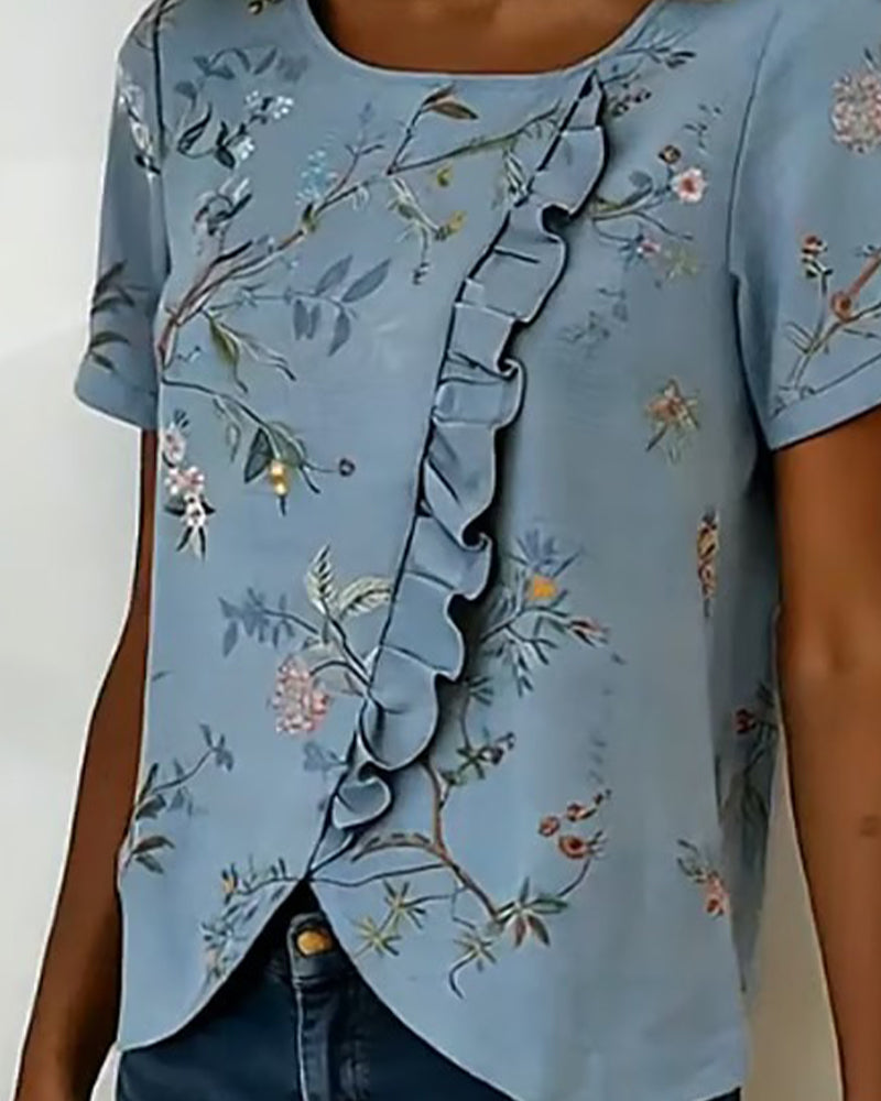 BLUSA CUELLO REDONDO MANGA CORTA CON VOLANTES FLORAL