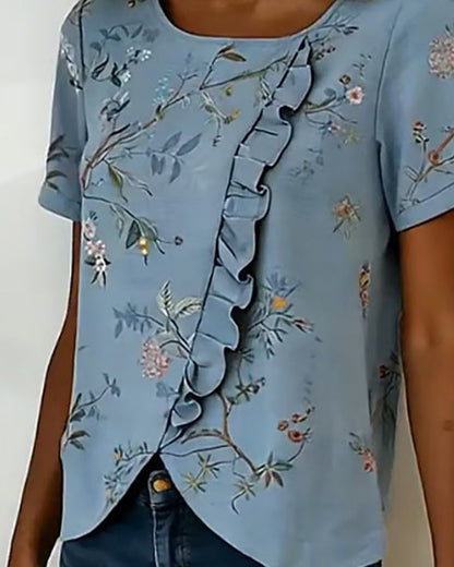 BLUSA CUELLO REDONDO MANGA CORTA CON VOLANTES FLORAL