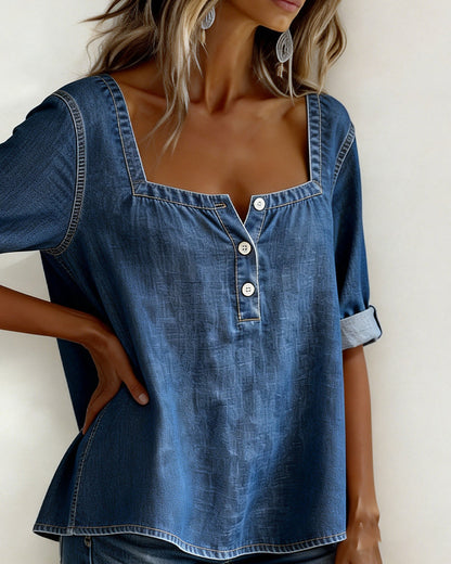 CAMISA ESCOTE CUADRADO DENIM MEDIO-MANGA
