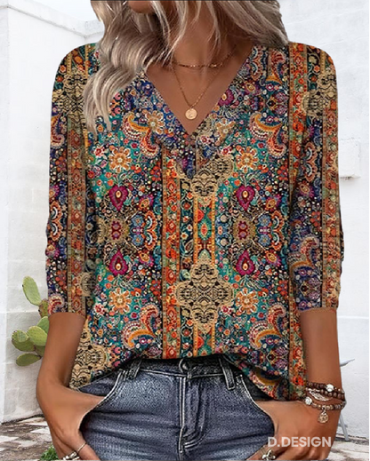 BLUSA RETRO ESTAMPADO ESCOTE DE V