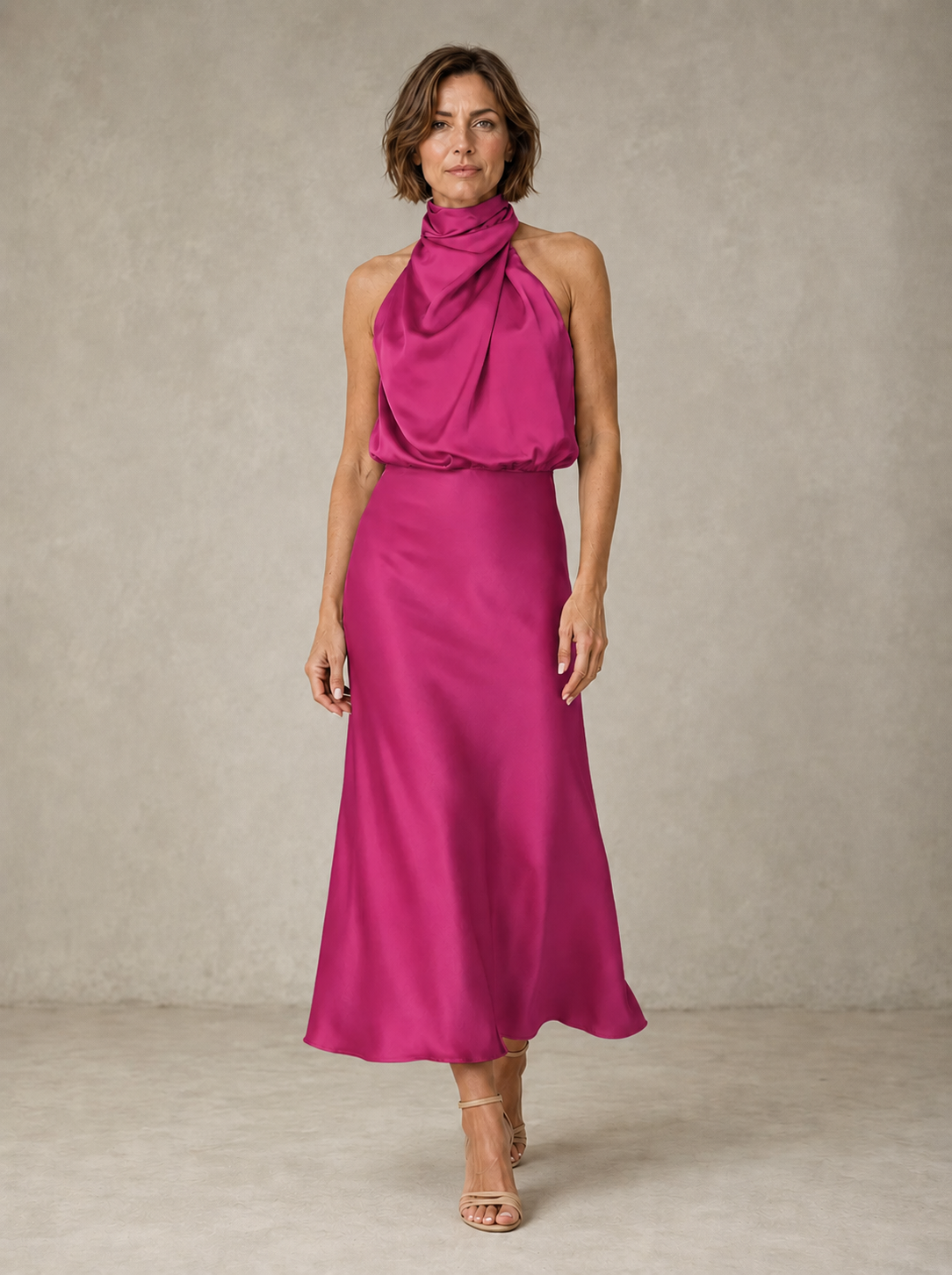 HARPER | VESTIDO DE NOCHE DE SATÉN CON CUELLO HALTER