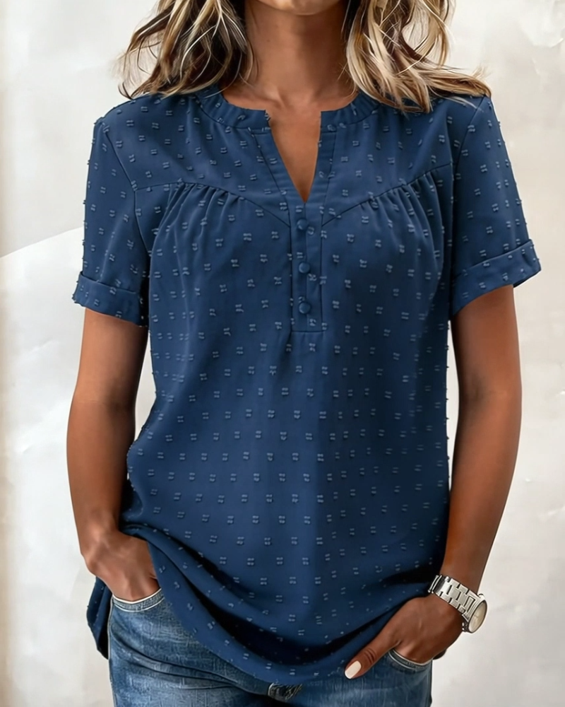 BLUSA JACQUARD CUELLO DE V MEDIO-TAPETA MANGA CORTA